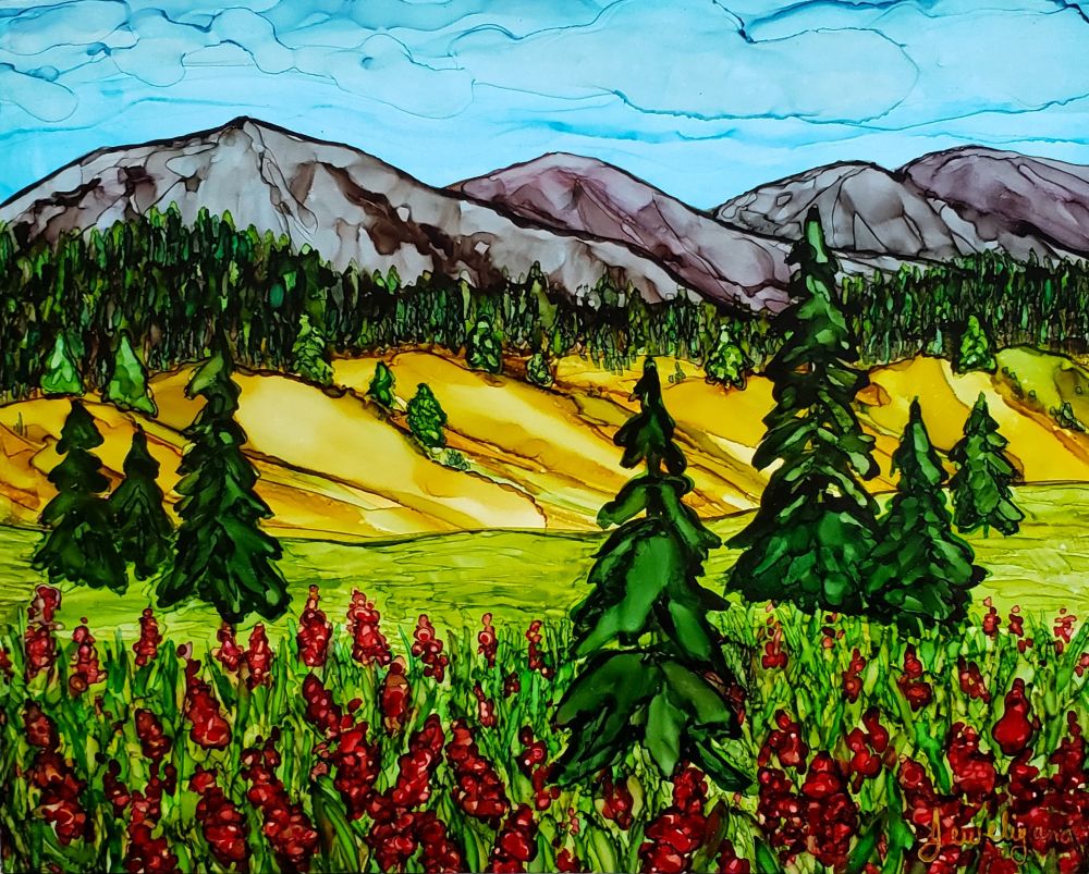 Landscape Painting of foothills done in alcohol ink
