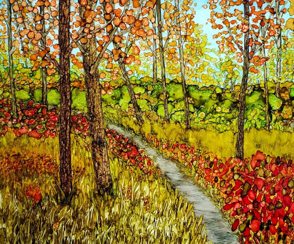 Alcohol Ink Painting of Fall landscape trees