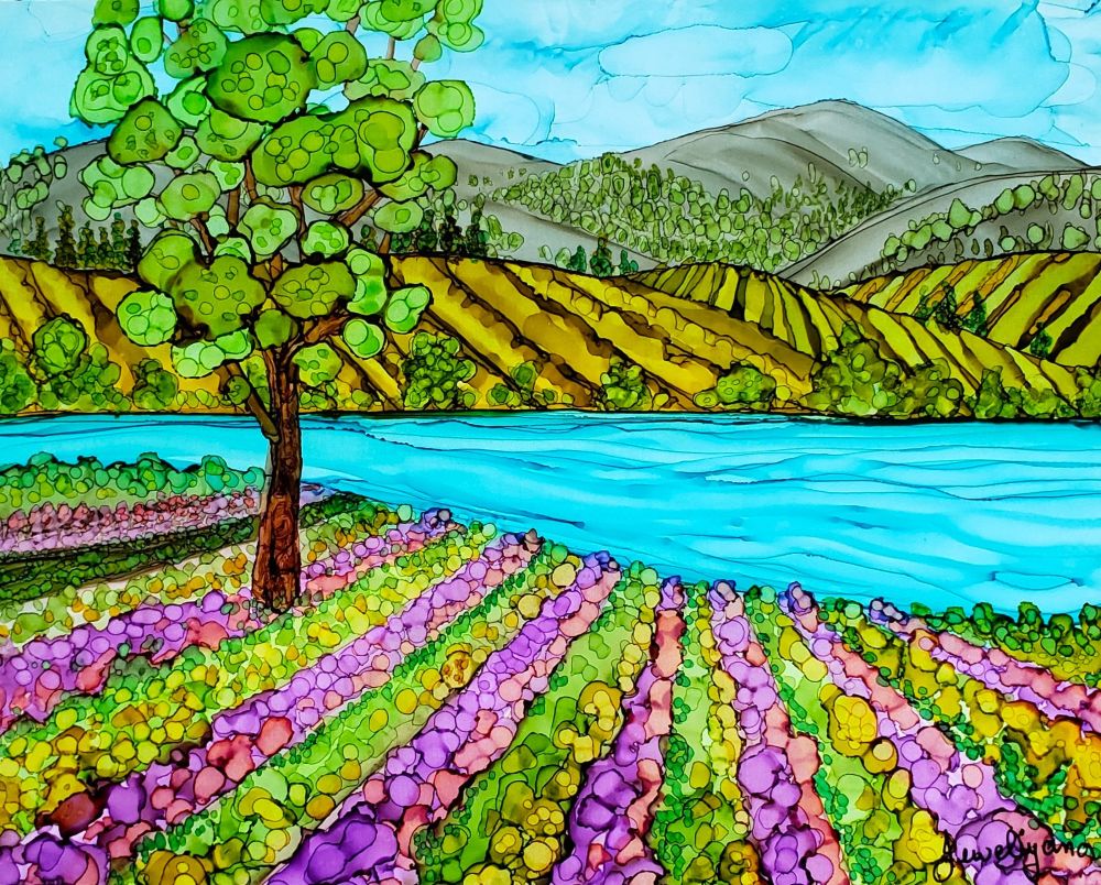 Alcohol Ink Painting of lakeside garden in BC