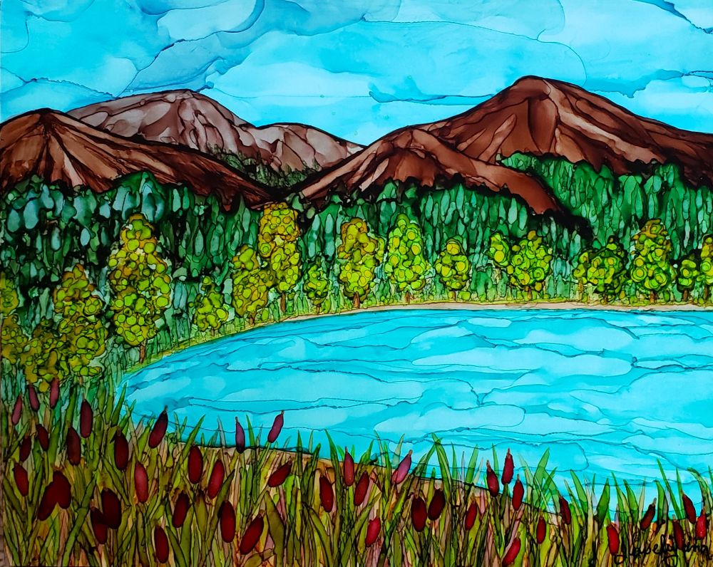 Alcohol Ink Painting of pond in the wetlands