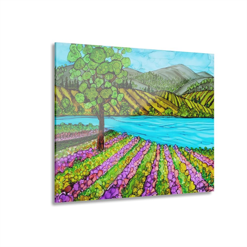 Acrylic art print of a summer garden near a lake
