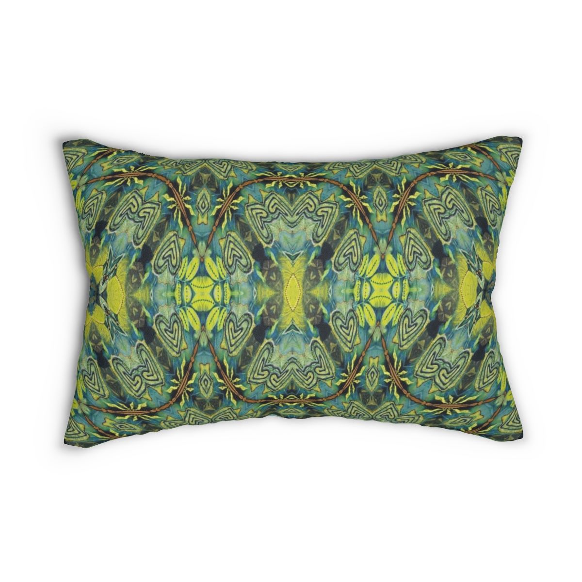 Bali Boho style lumbar pillow in blue green print