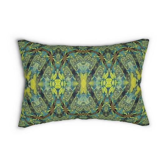Bali Boho style lumbar pillow in blue green print