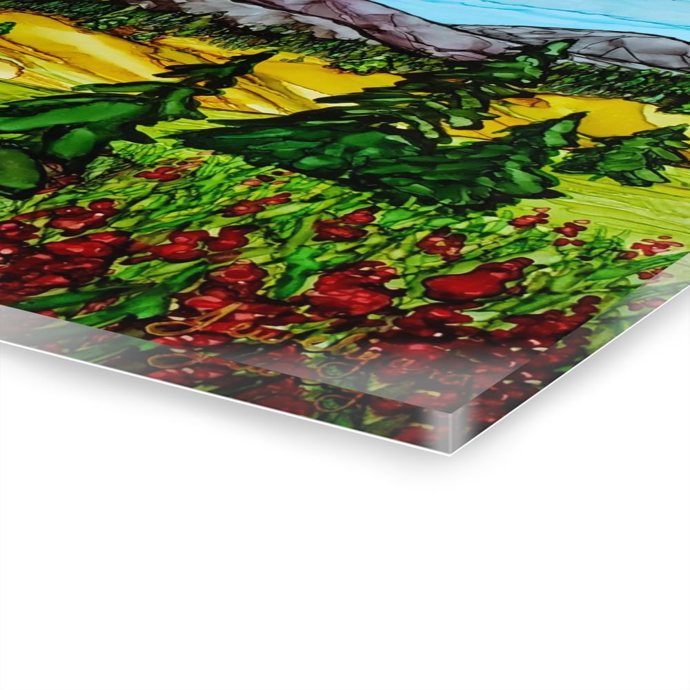 view of corner of acrylic print of fotthills gold