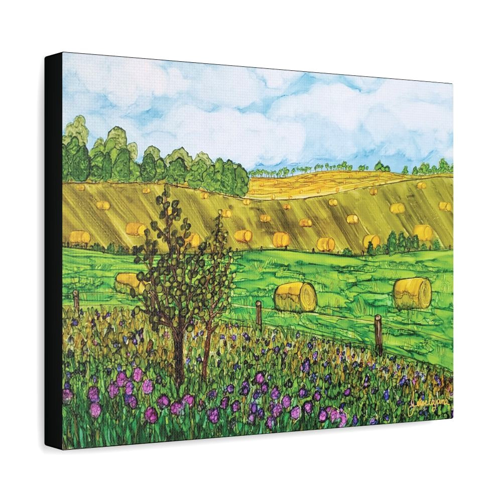 A painting of country fields with hay bails
