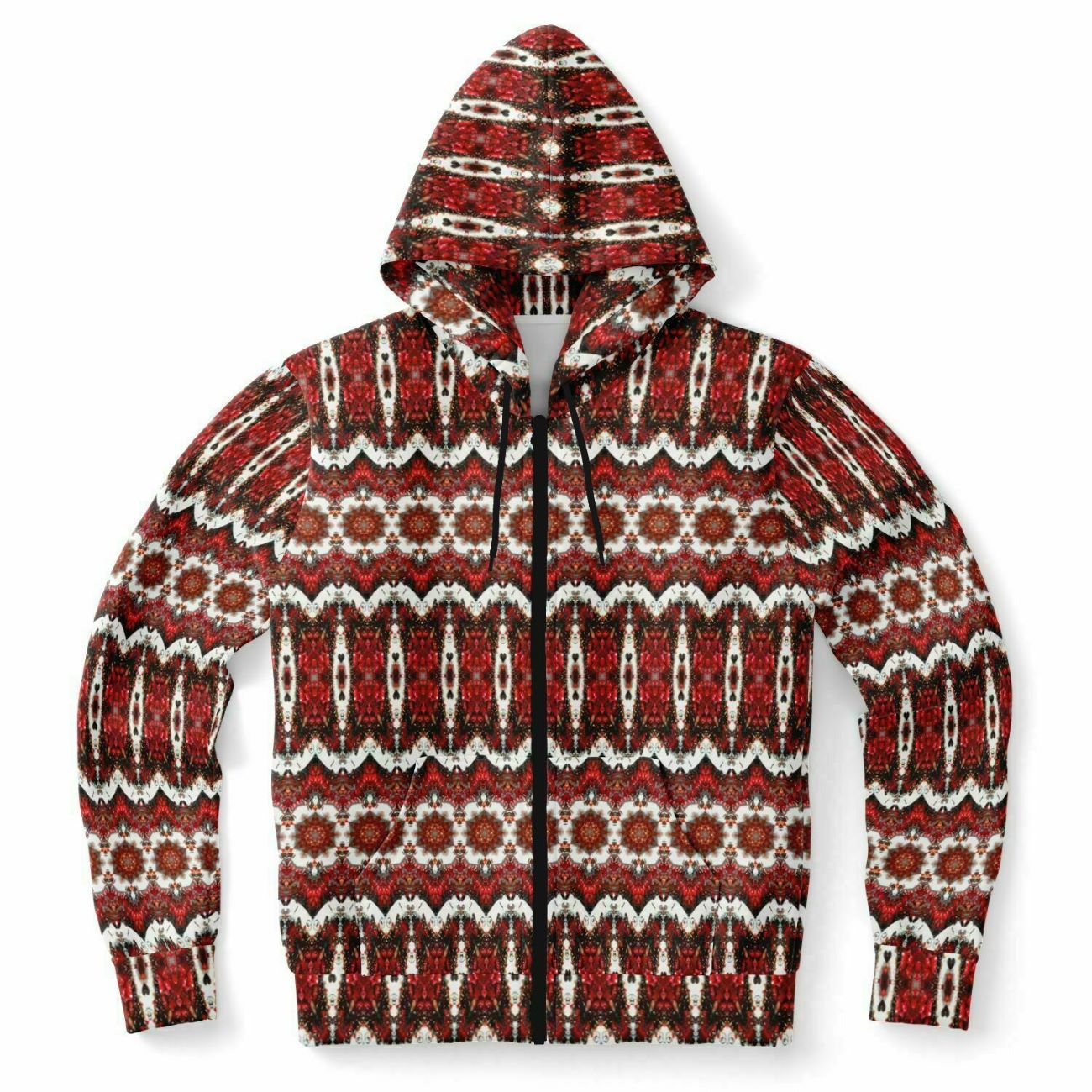 Full zip unisex hoodie in red and white print