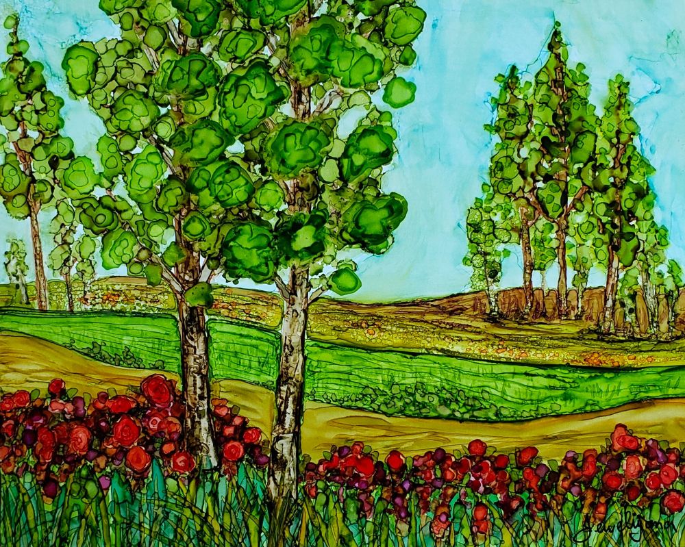 alcohol ink painting of summer landscape with trees, fields n flowers
