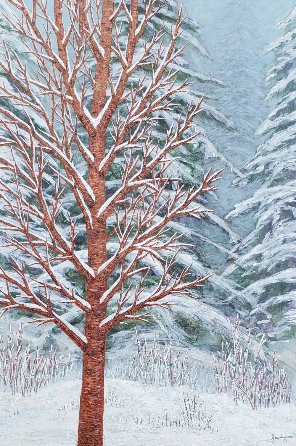 winter tree painting of copper barked maple tree and evergreens with snow