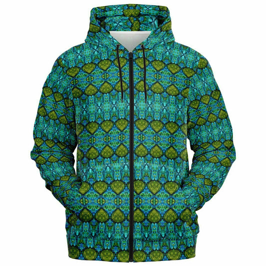 womens hoodie in blue and green designer print