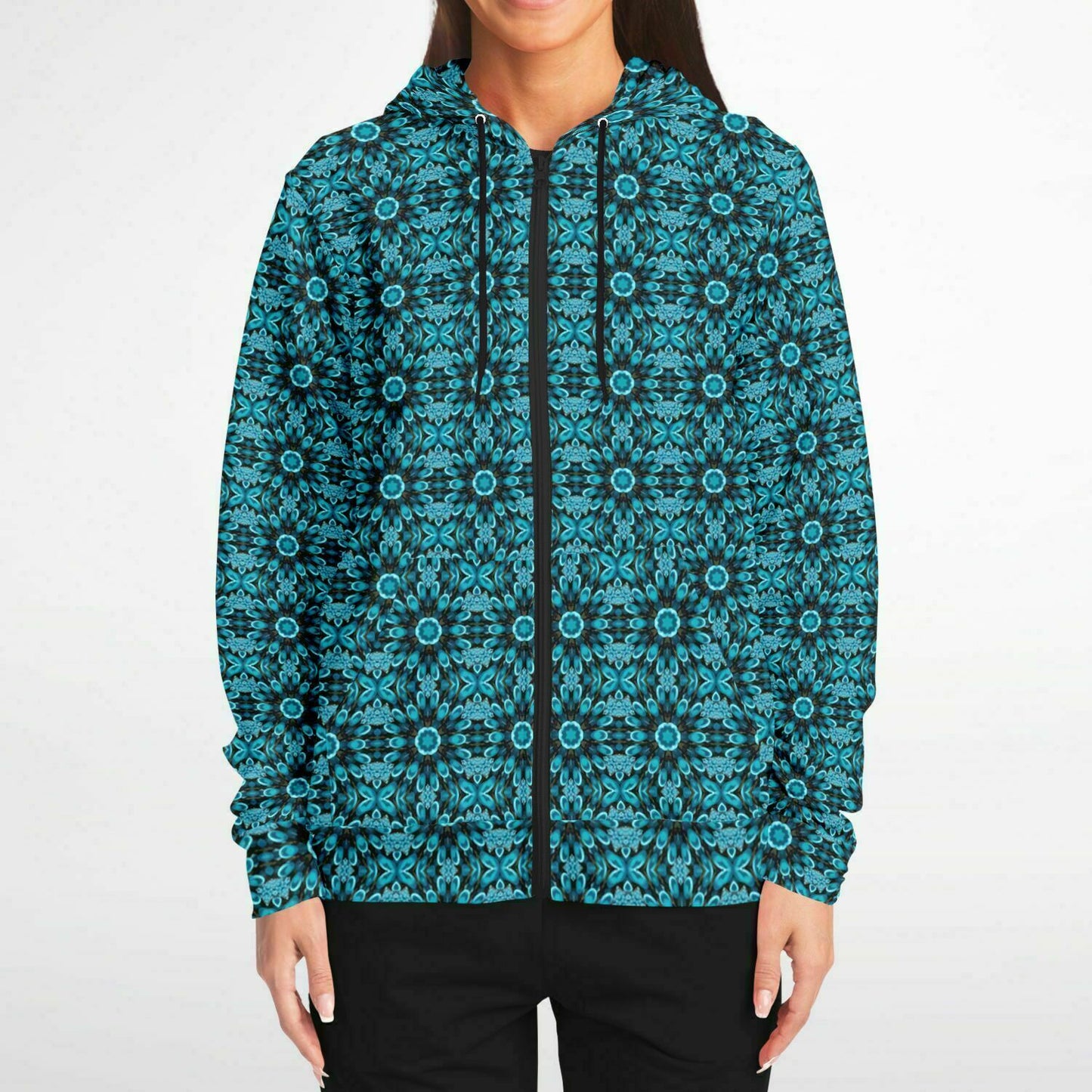 womens black hoodie with aqua flowers print