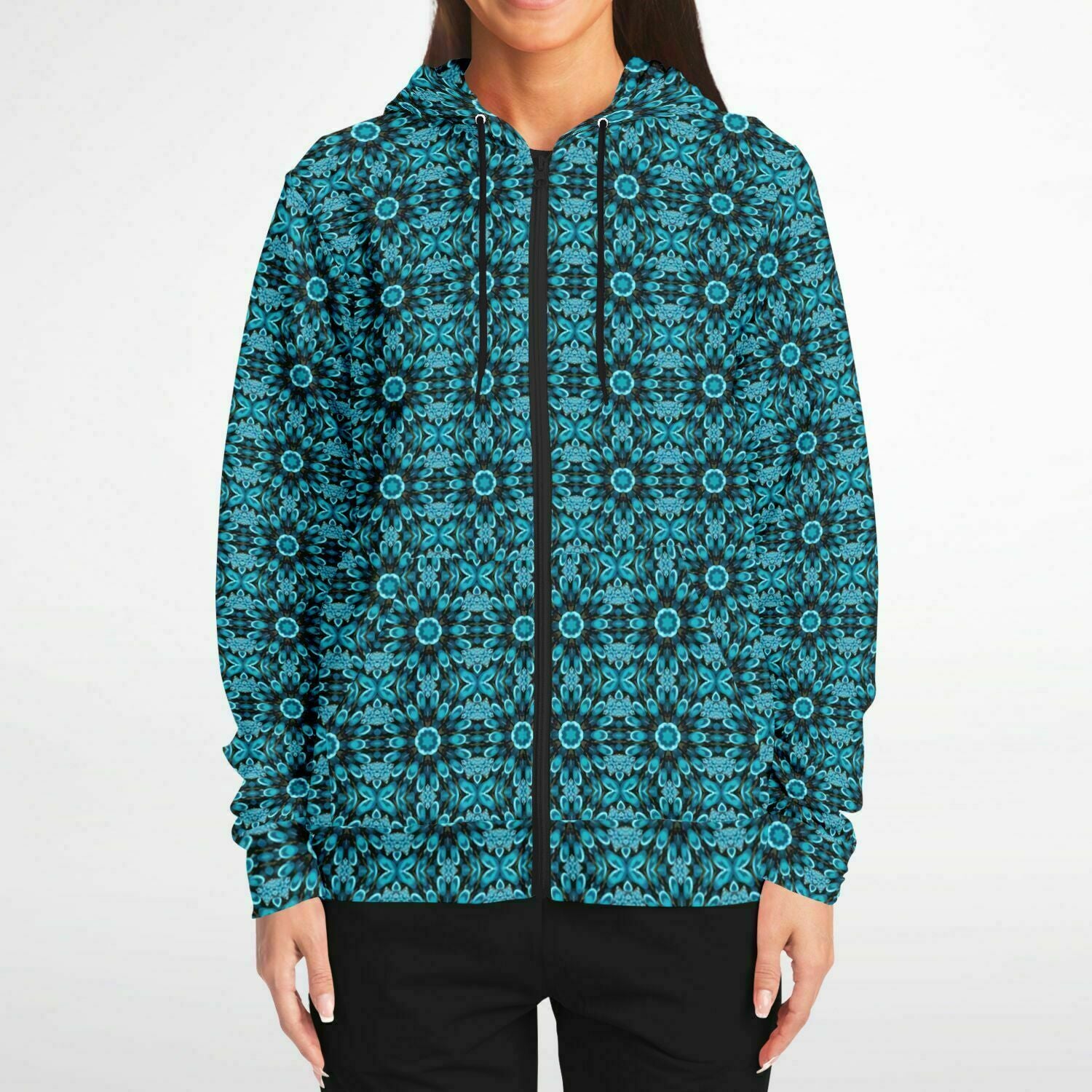 womens black hoodie with aqua flowers print