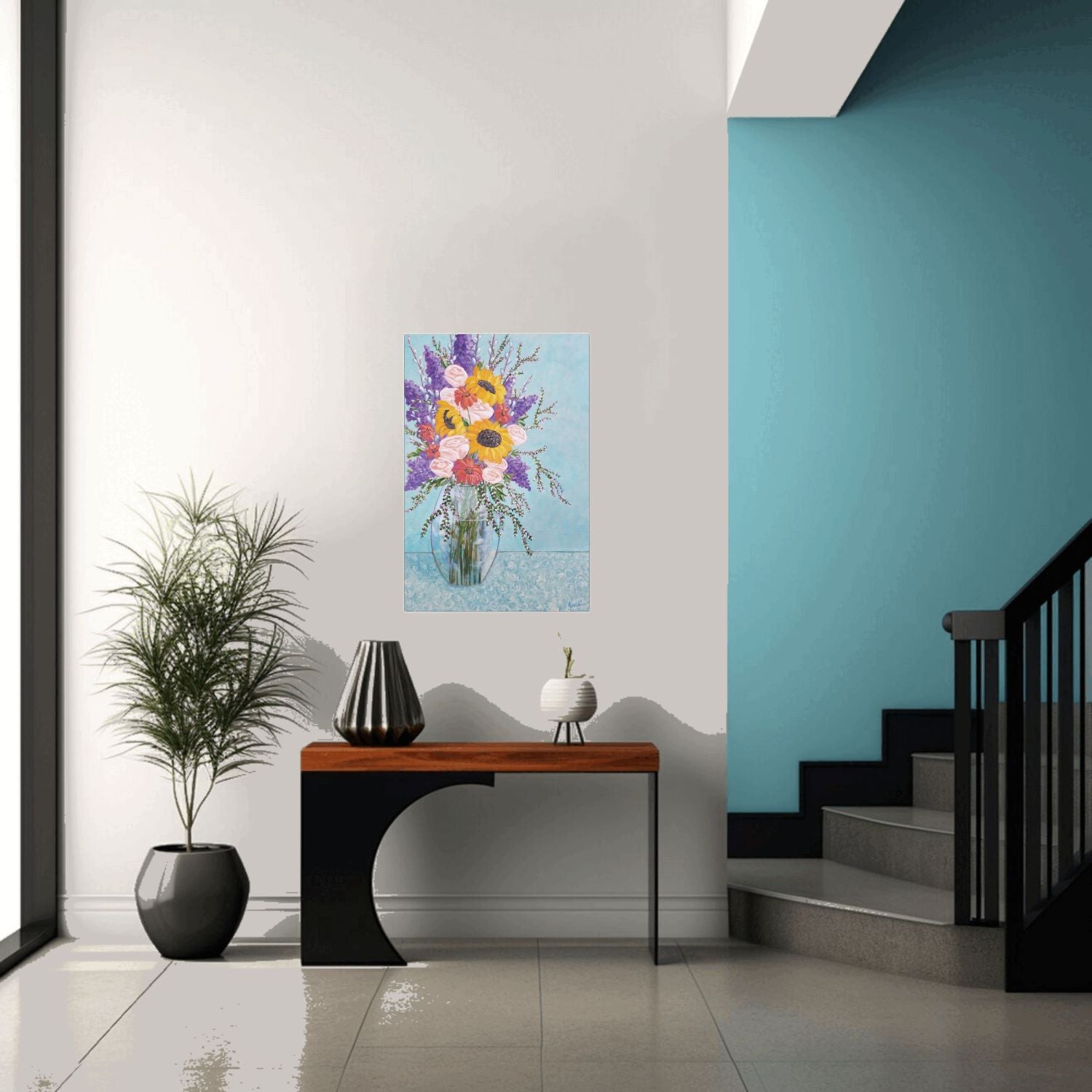 acrylic flower painting of floral bouquet in a clear vase