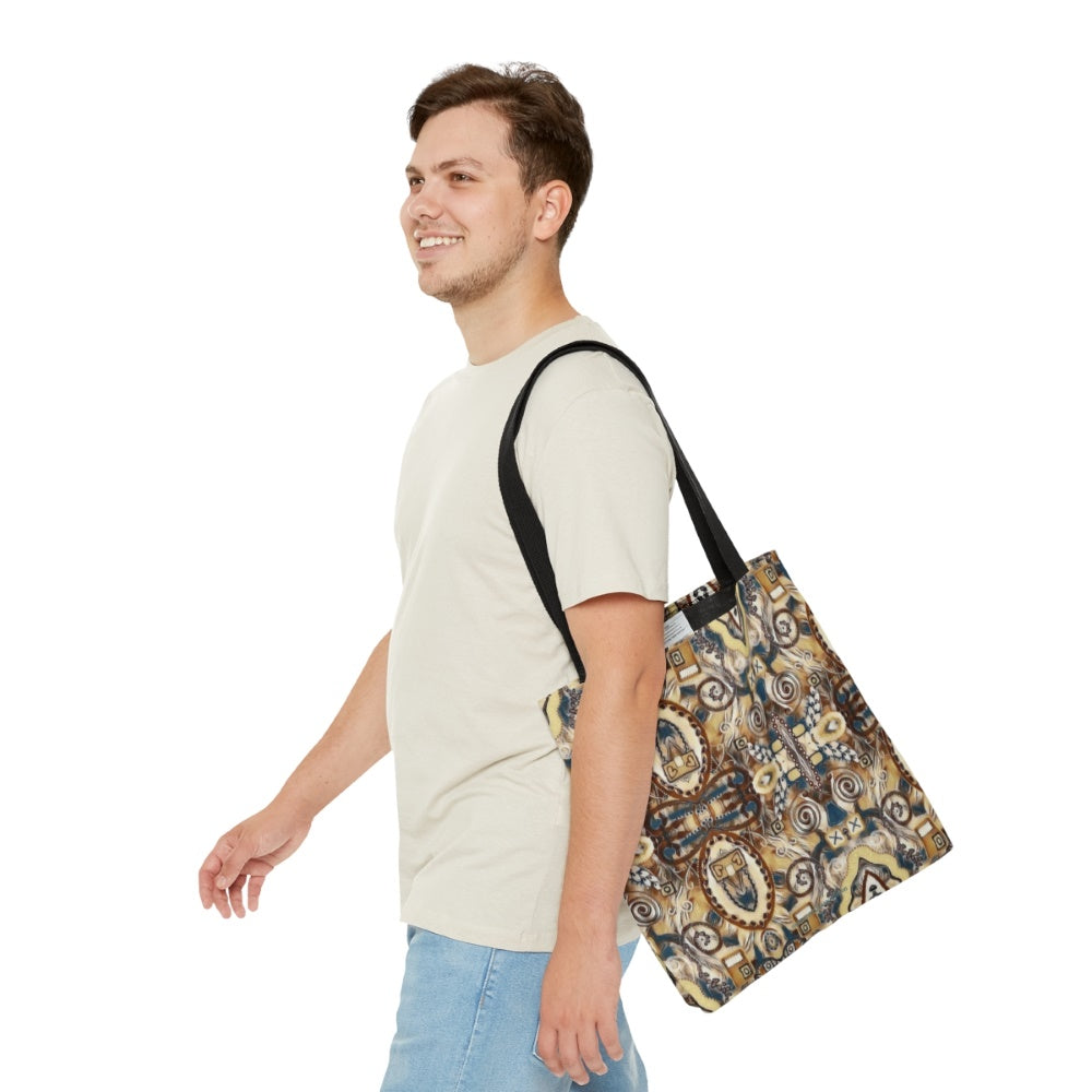 Ain't my first rodeo tote bag shown on a man