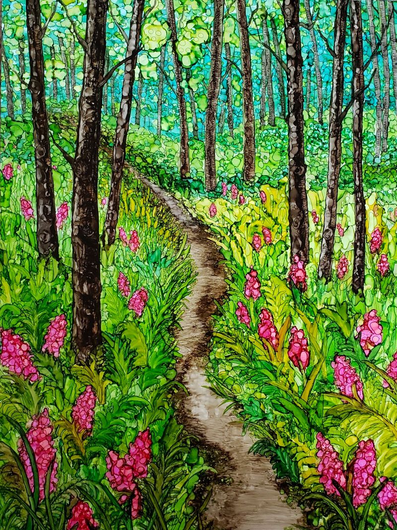 alcohol ink painting of flowers in a forest