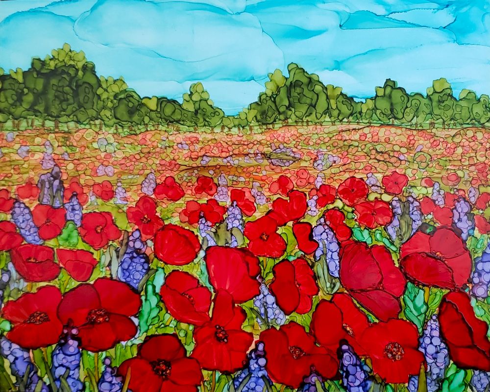 Alcohol ink painting of poppy field