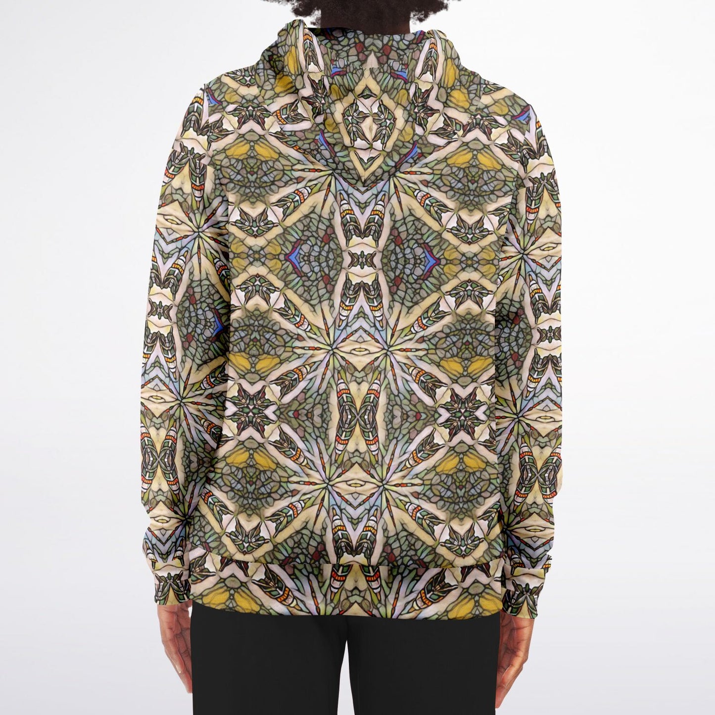 back view of cool dream weaver hoodie shown on a woman