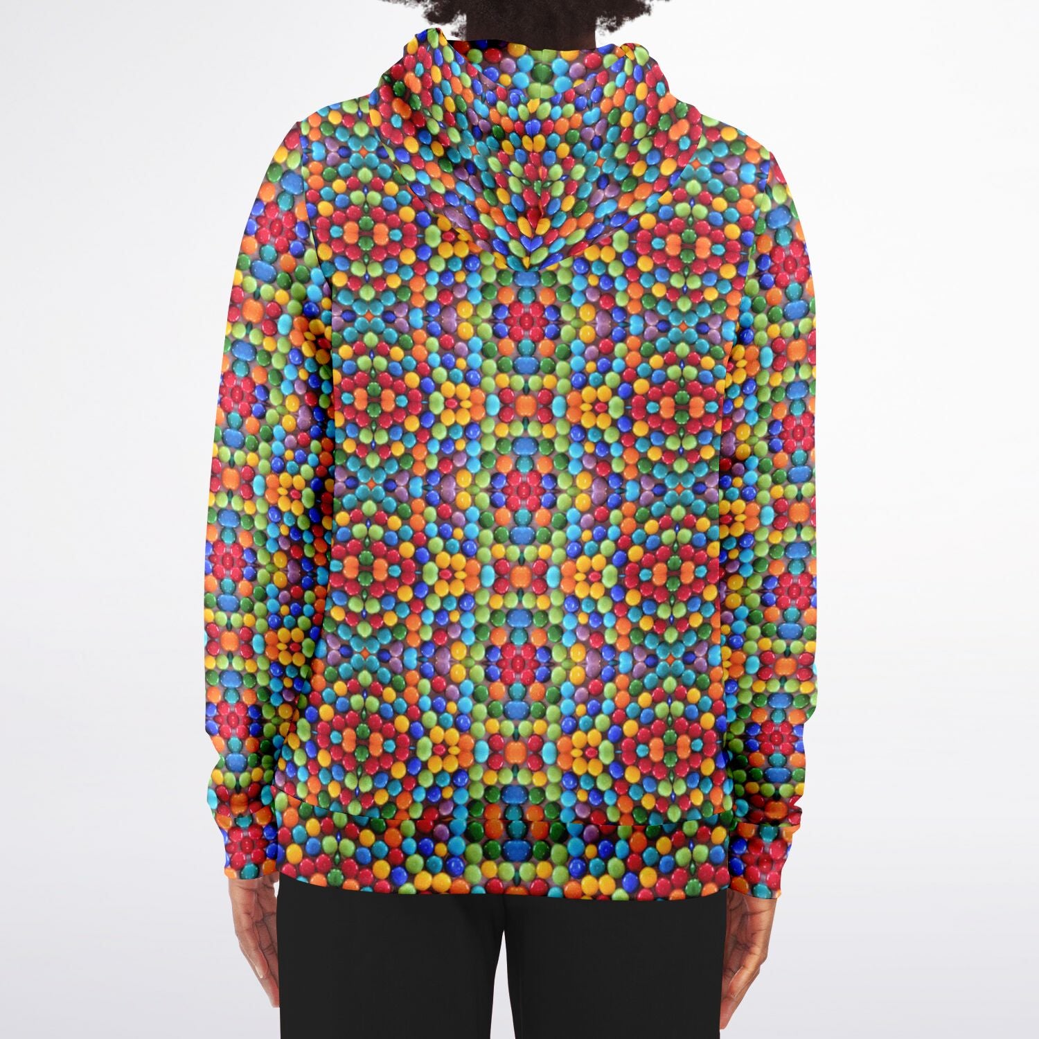 back view of rainbow gumballs unique hoodie with multicolored printo