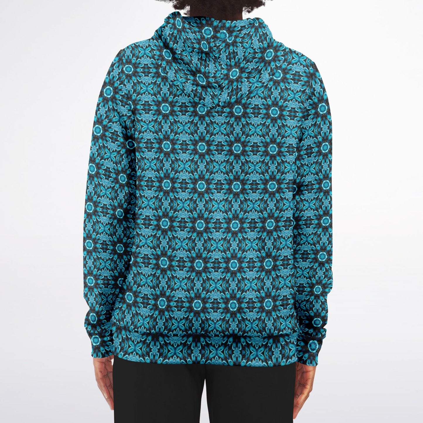 back view of womens black with aqua hoodie