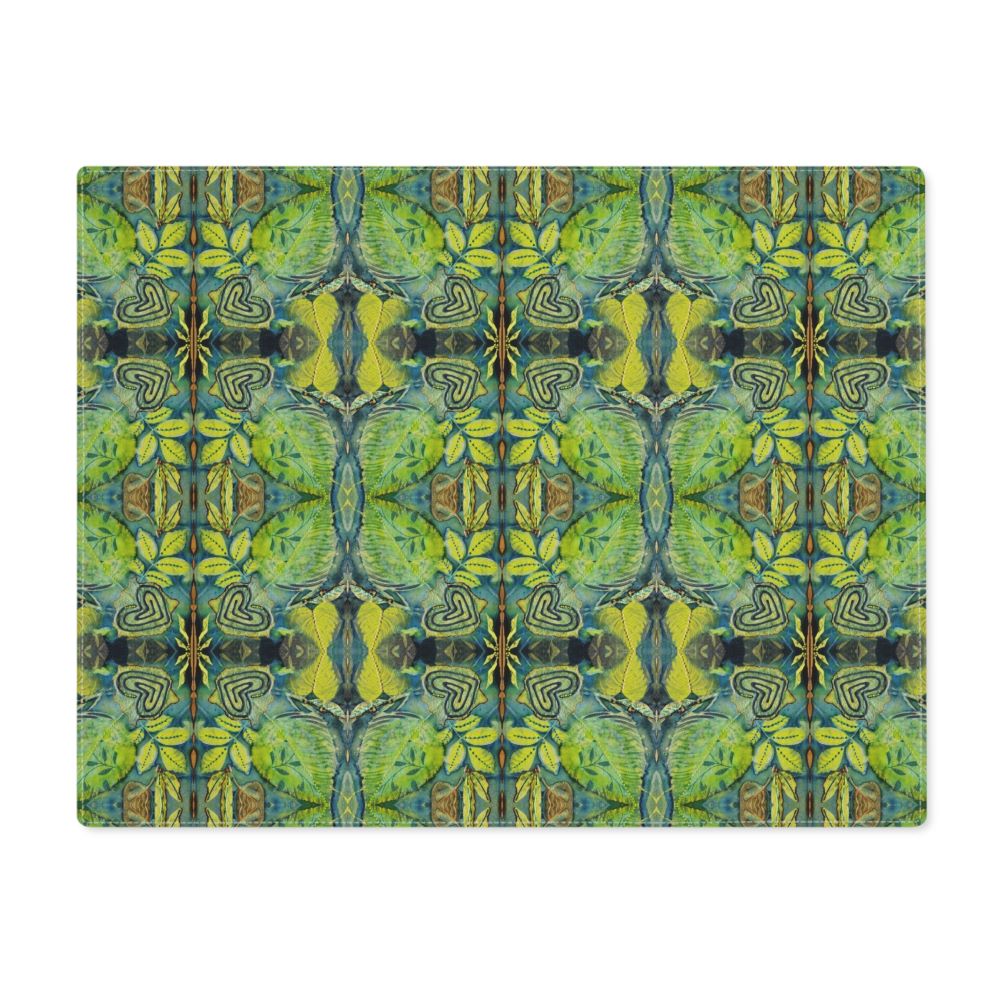 beauty abounds motif on place mat shown in blue green