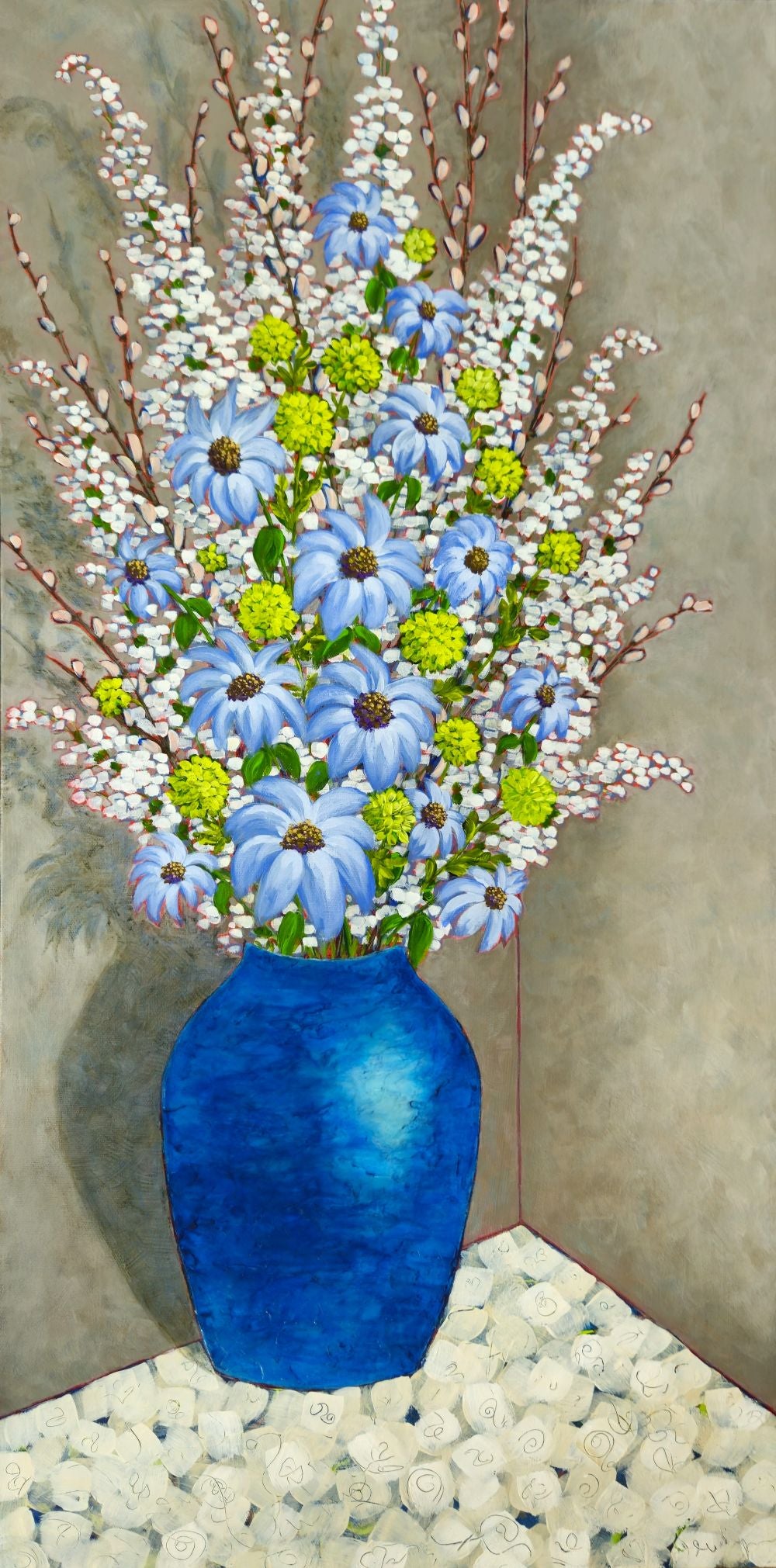 blue n white flowers painting