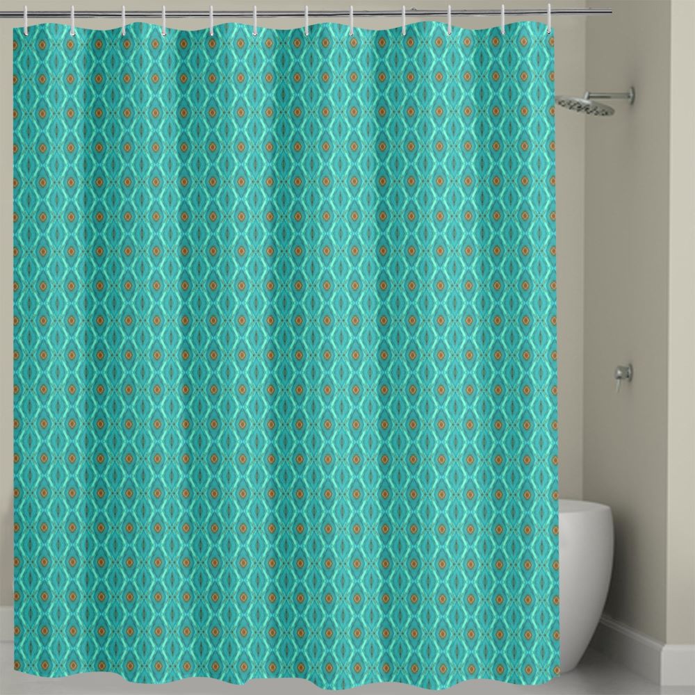blue fabric shower curtain with a diamond pattern