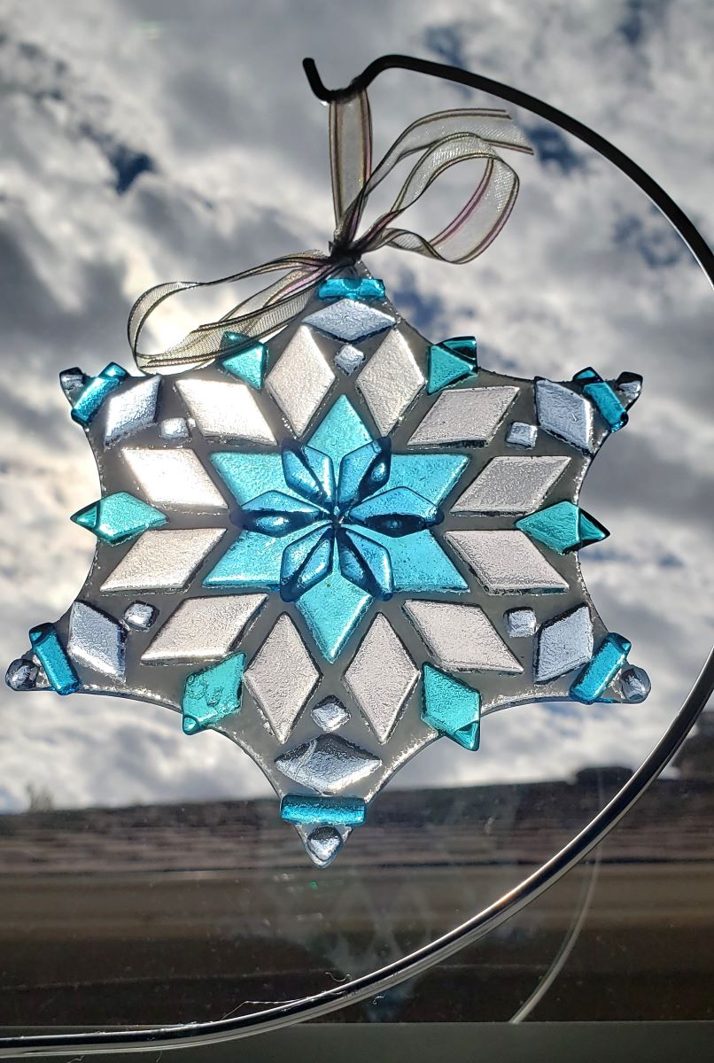 Iced Aqua blue glass snowflake ornament