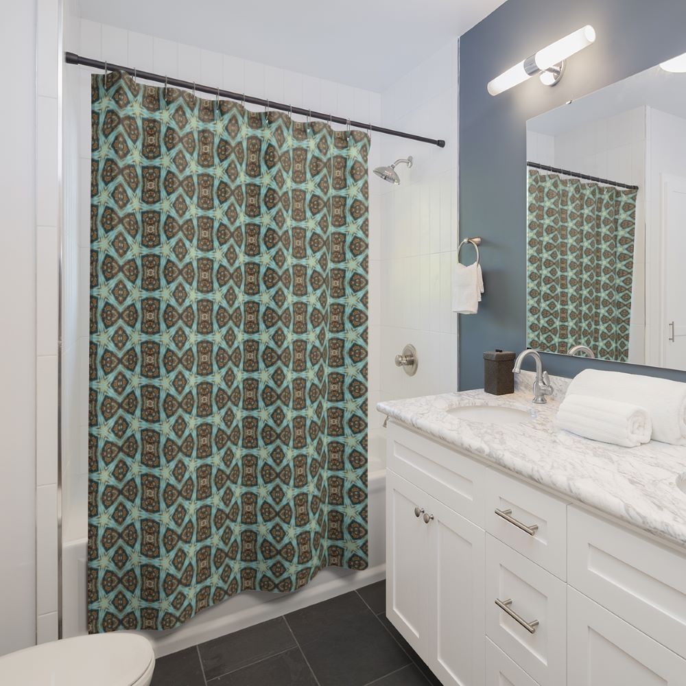blue fabric shower curtain