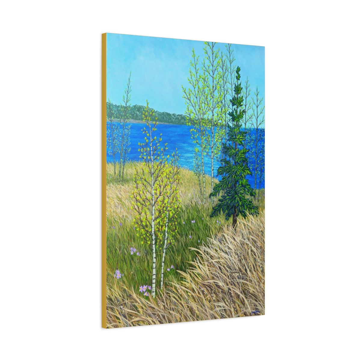 Original painting of a landscape with trees, grass, and a lake.