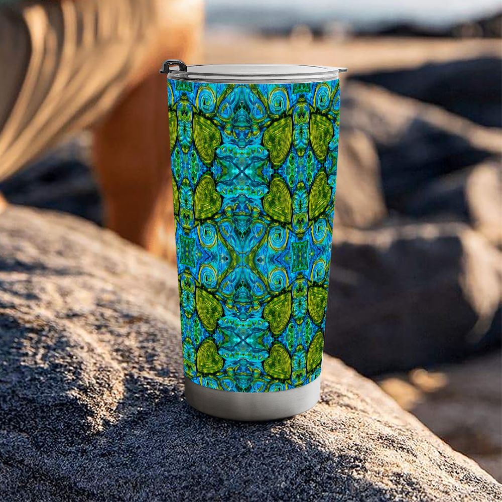 coffee tumbler with green hearts on blue
