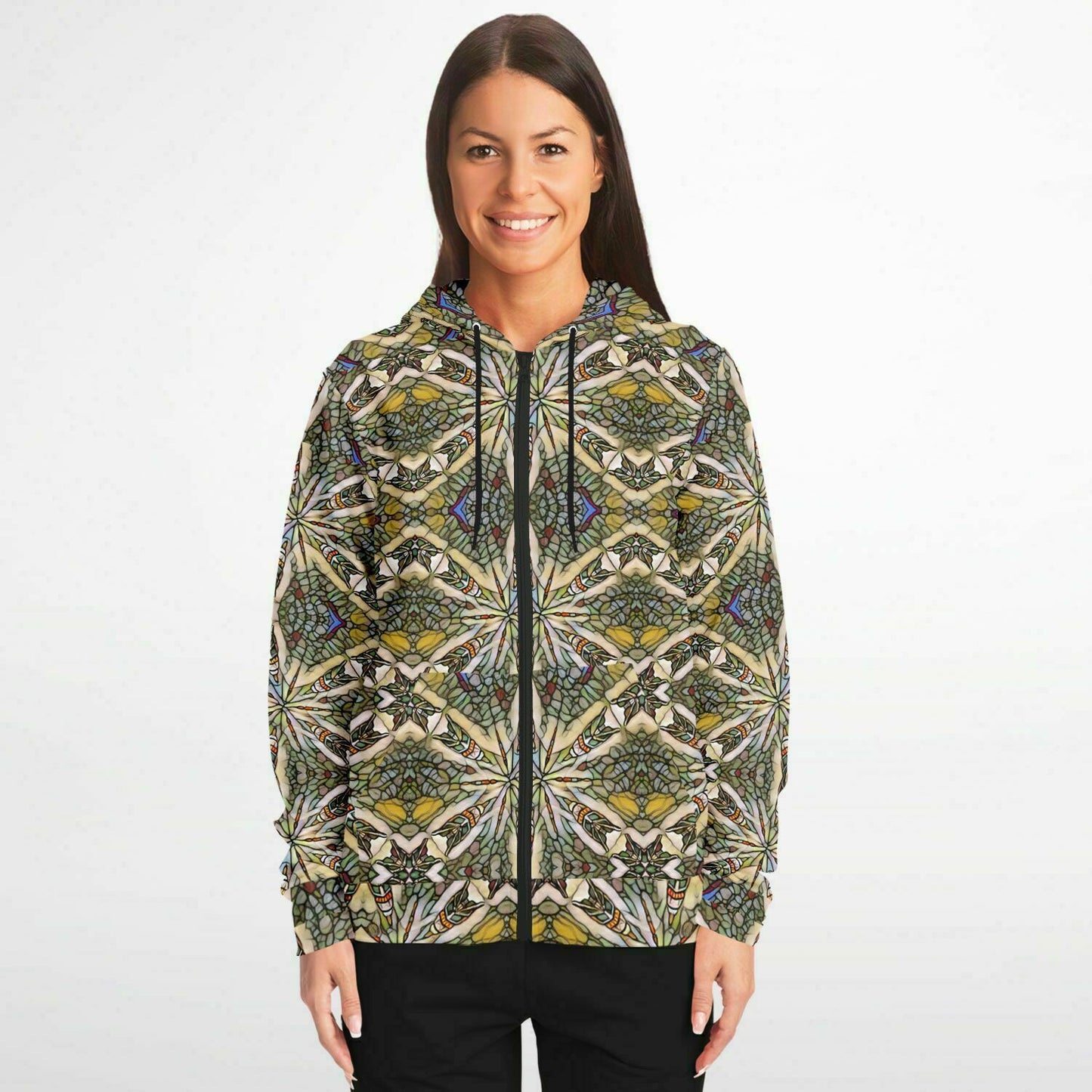 colorful hoodie shown on woman