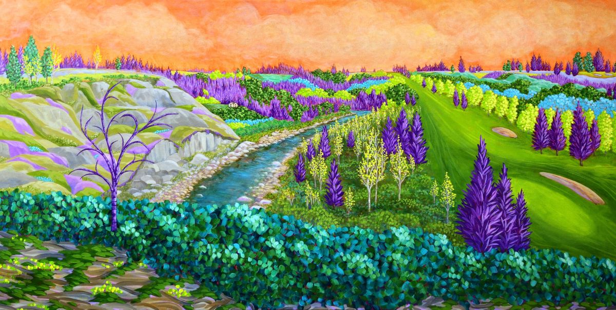 Colorful landscape painting with trees, a river, and a sunset sky.