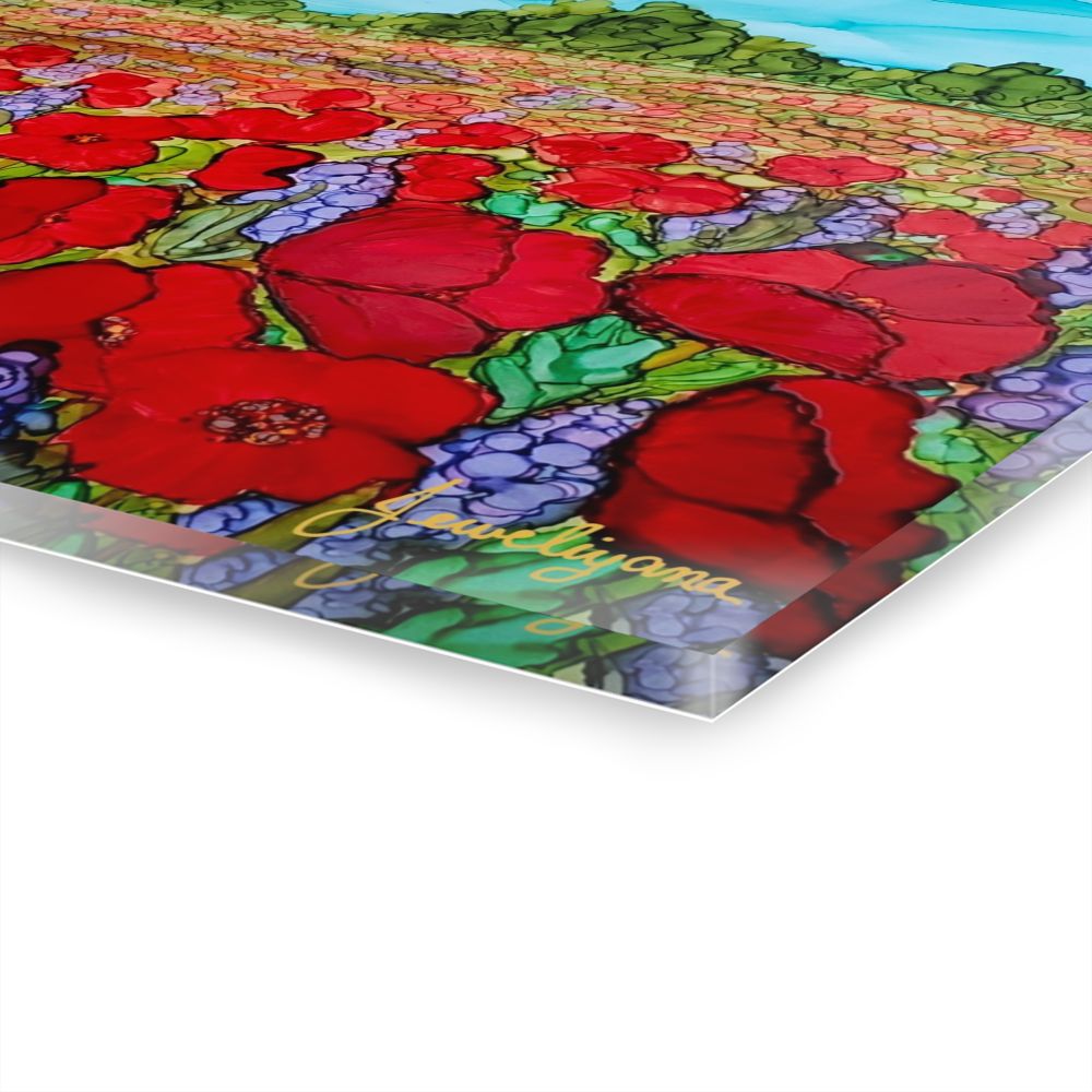 corner view of acrylic print of poppy painting