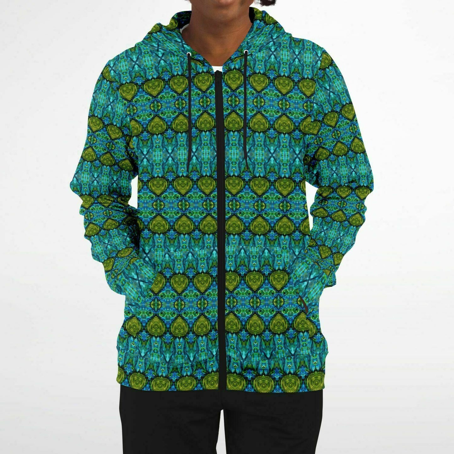 cute hoodie with blue and green hearts and full zip front
