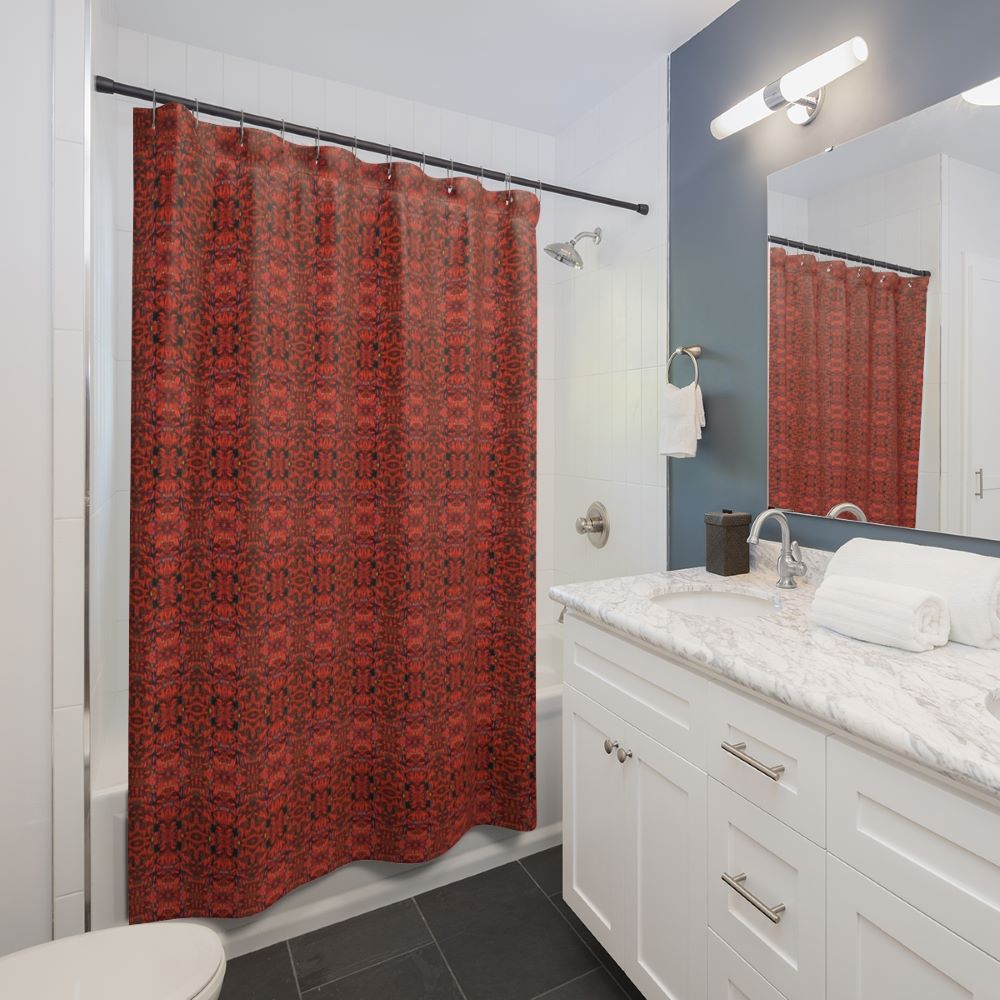red fabric shower curtain