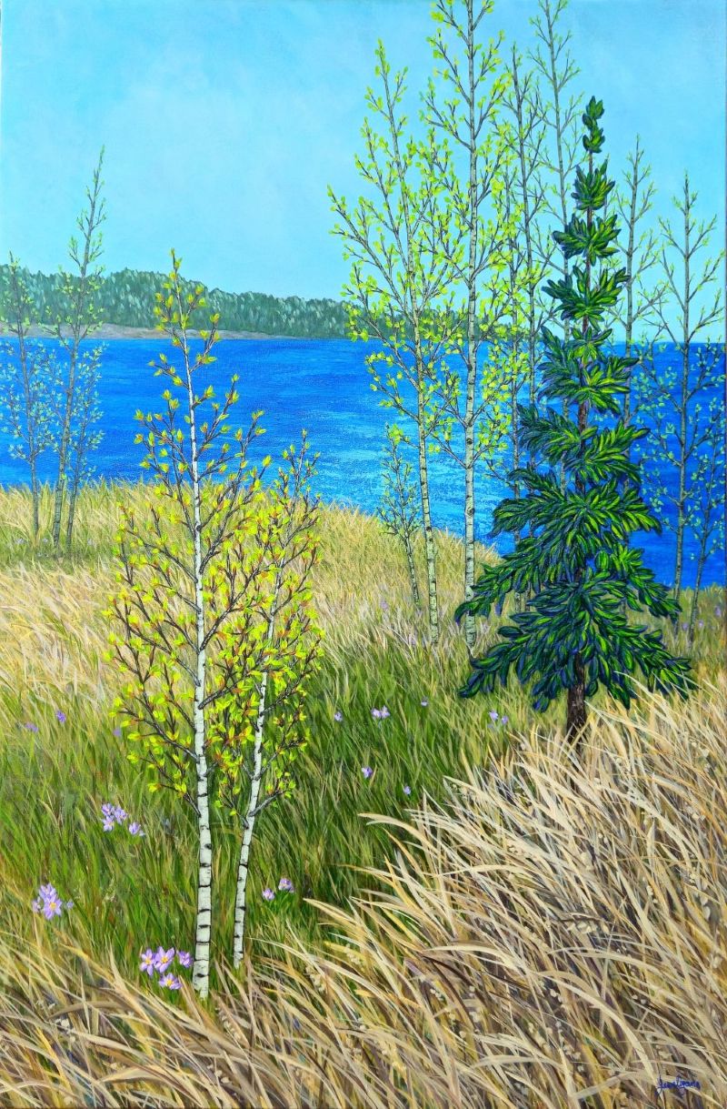 Painting of a serene landscape with trees, grass, and a lake.