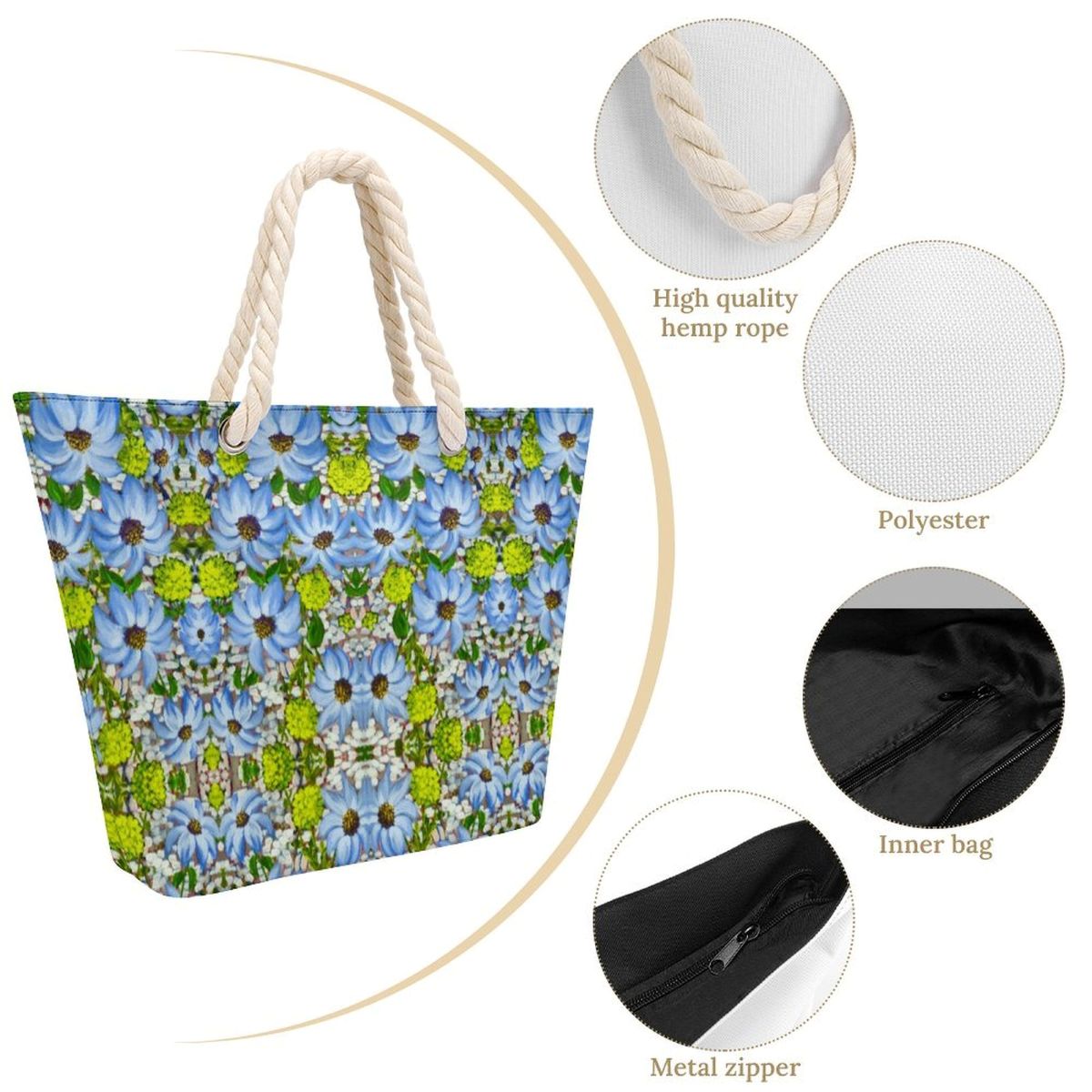 zippered tote bag with rope handles and flower print
