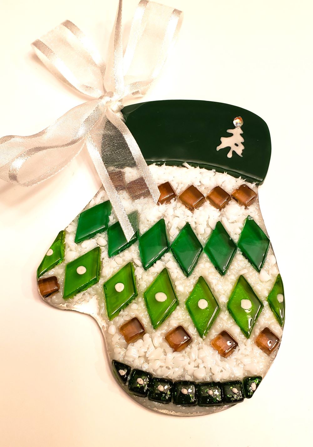 forest green and white fused glass mitten christmas ornament