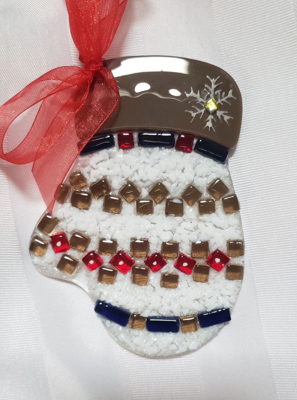 glass mitten ornament in hot cocoa and white color combo