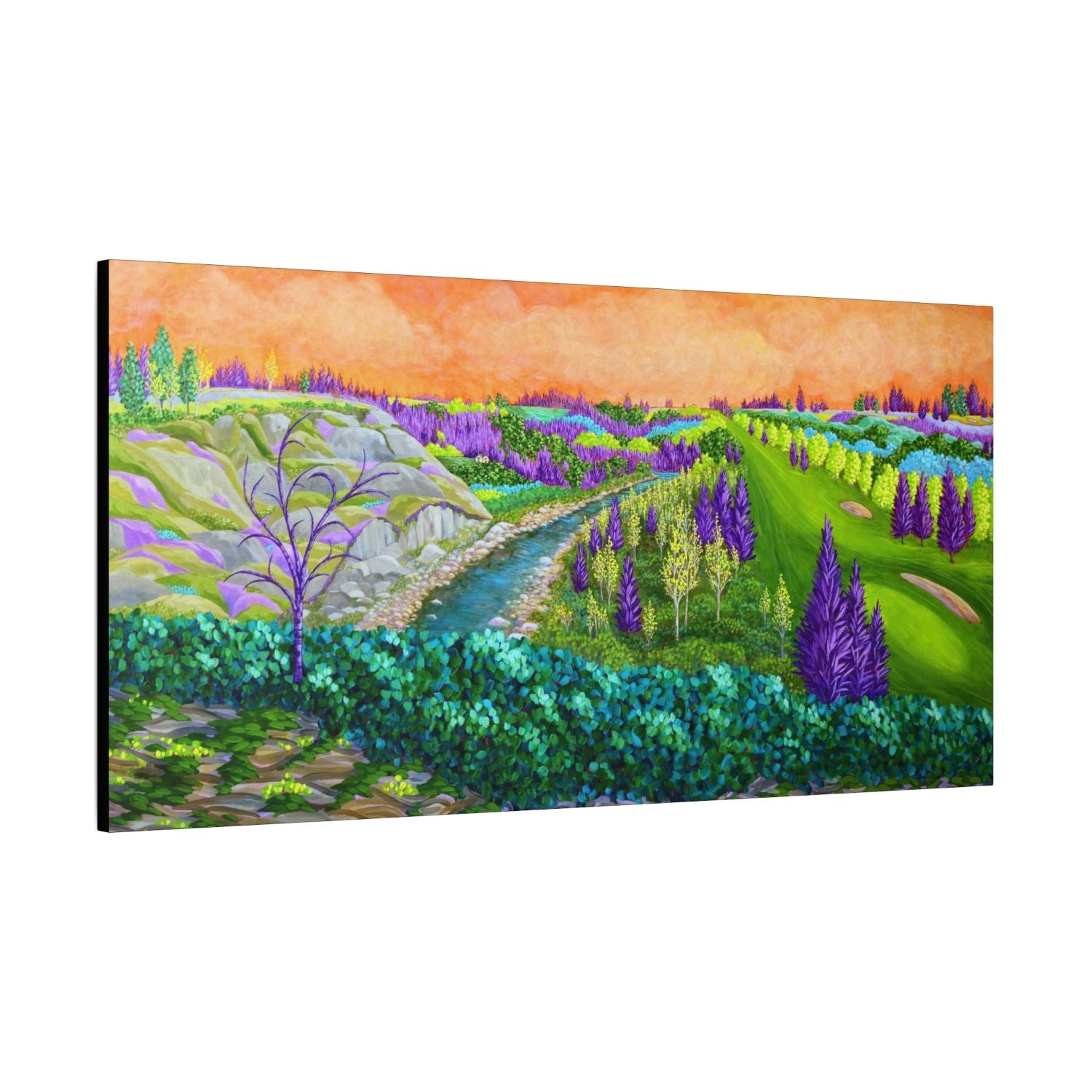 Colorful landscape painting with a river, trees, and hills on a white background