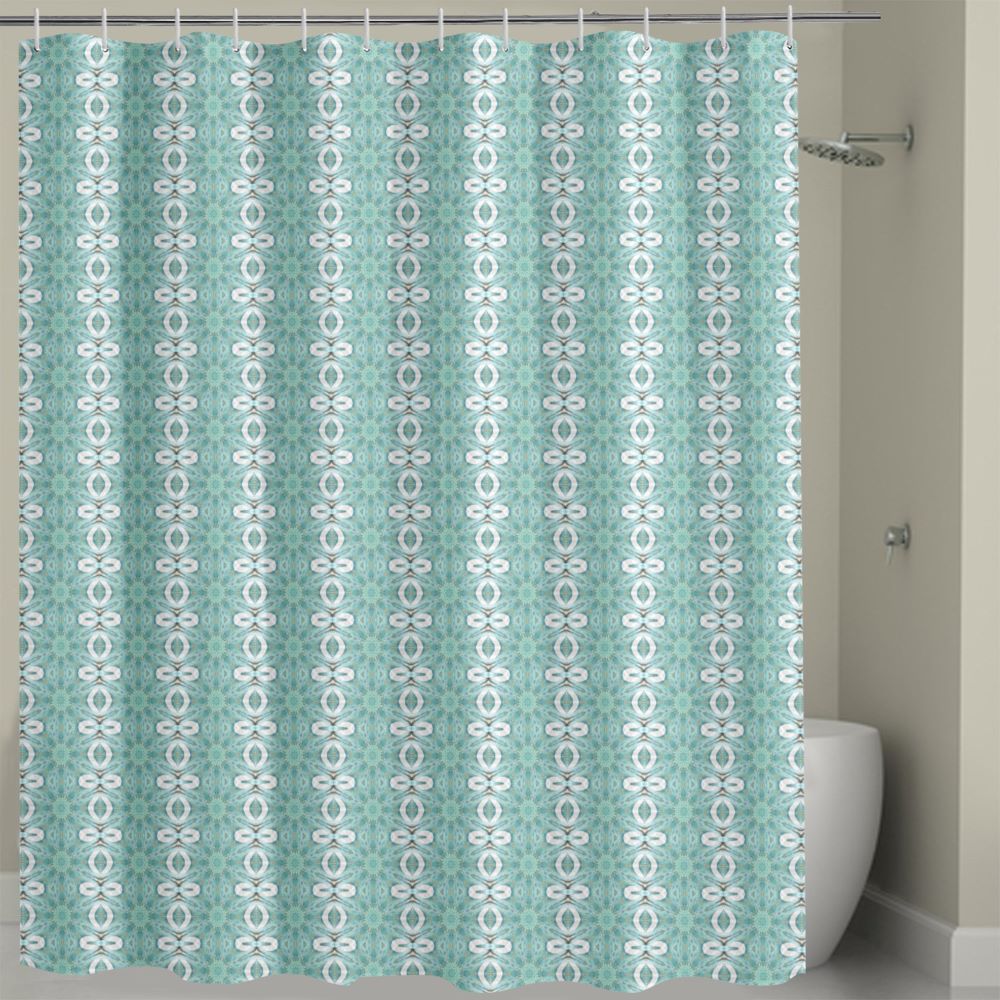light blue shower curtain with a white pattern