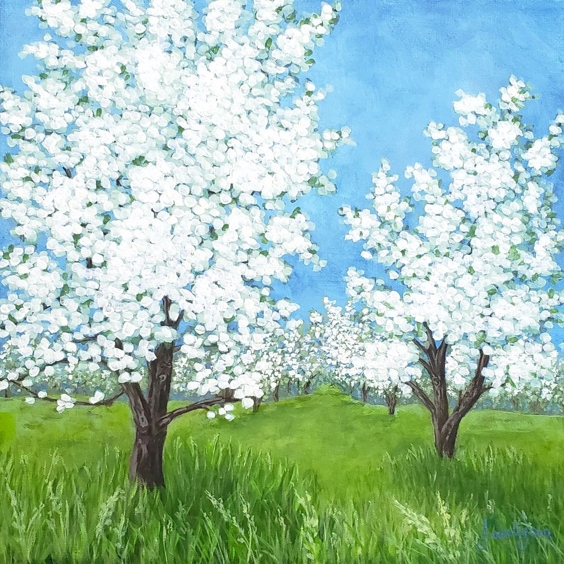painting of an apple orchard in bloom