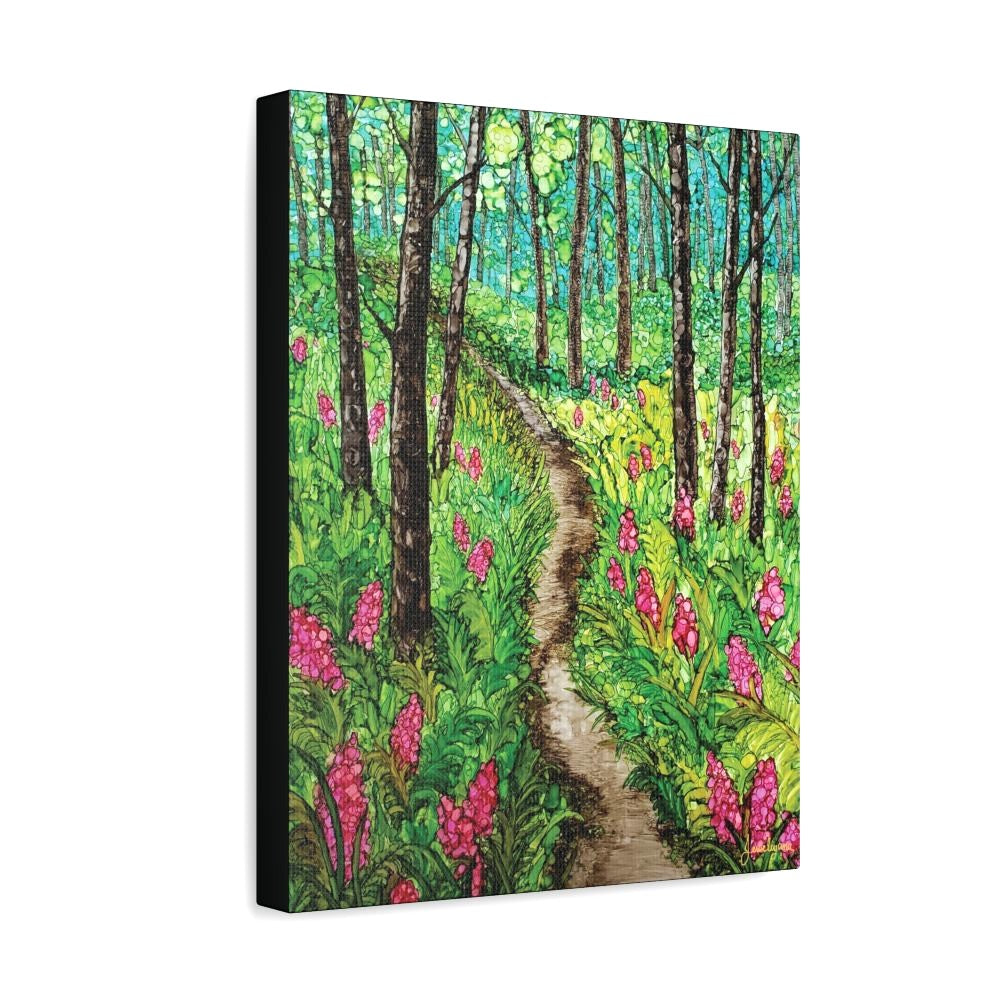 painting of a forest with pink flowers