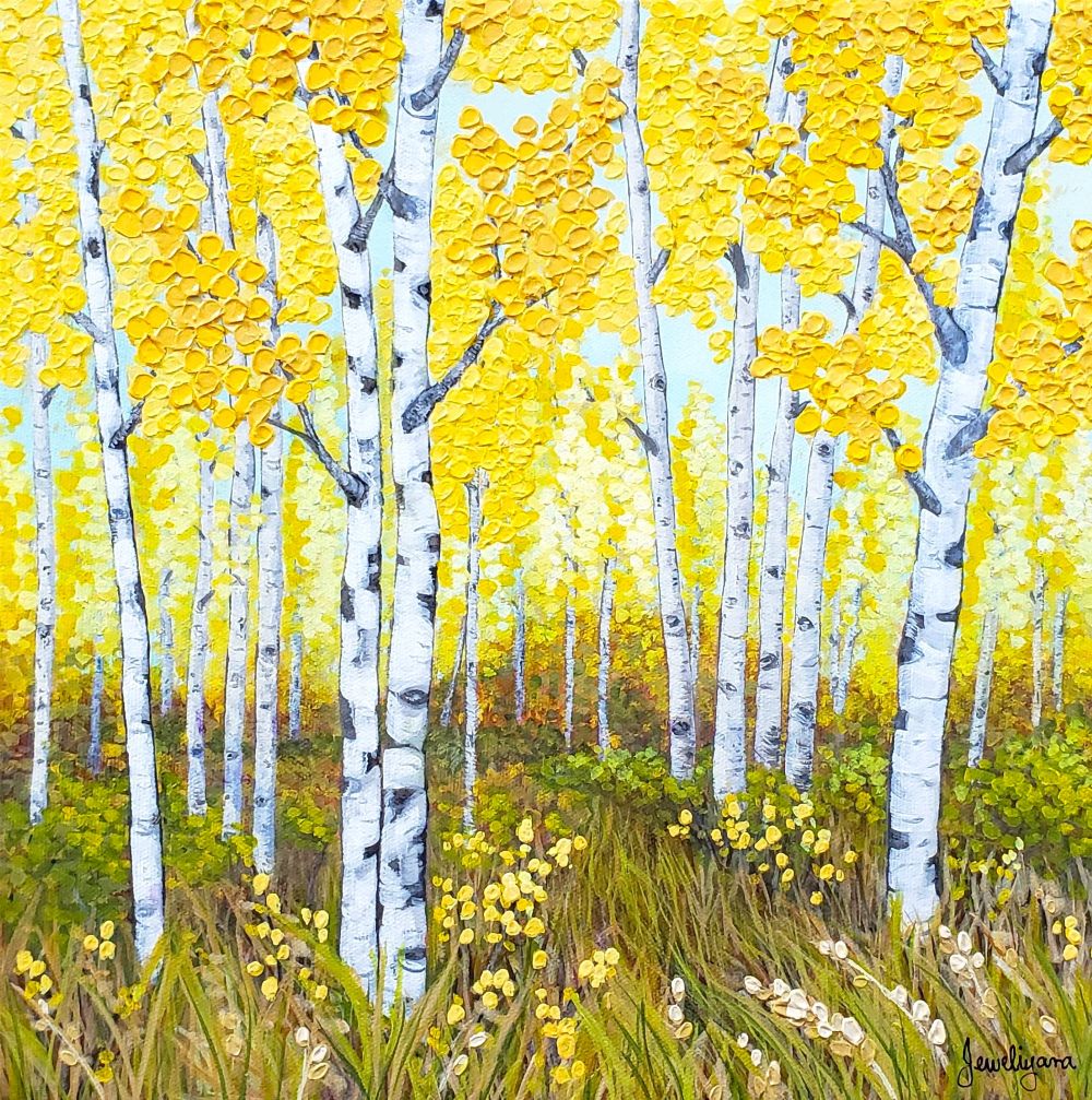 painting of yellow aspen trees