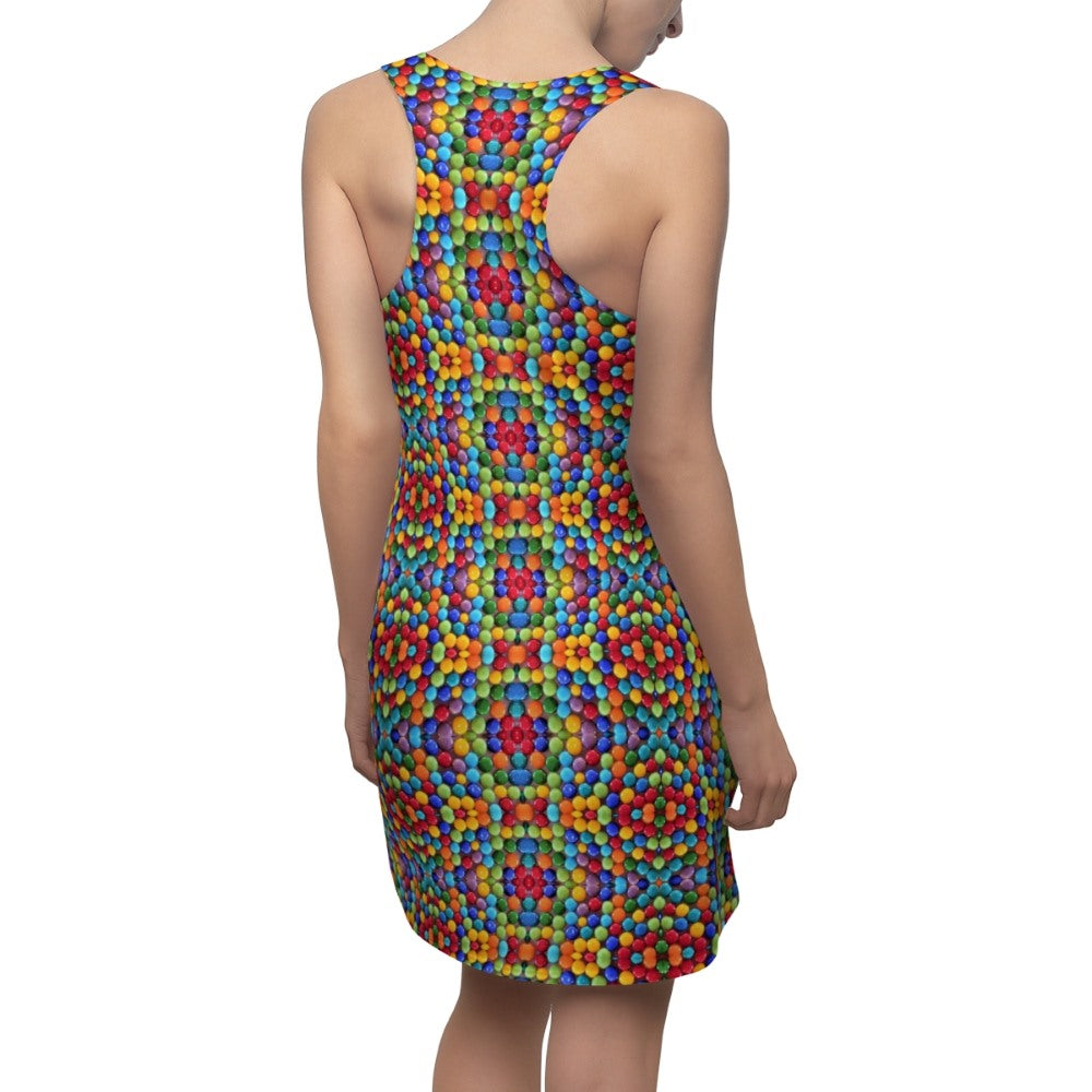 Racerback style swim suit cover up with rainbow skittles print