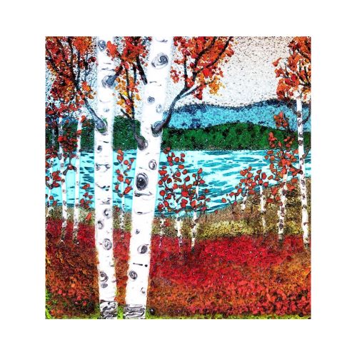 fused glass art painting of red birch trees