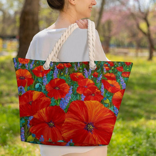 zip tote bag with rope handles and poppies in red