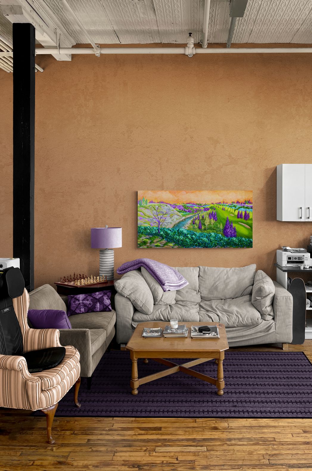 living room scene highlighting a painting by jeweliyana reece