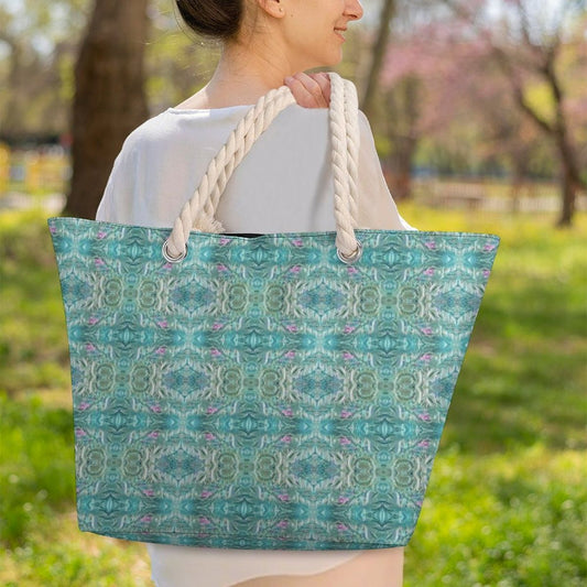 blue zippered tote bag with rope handles