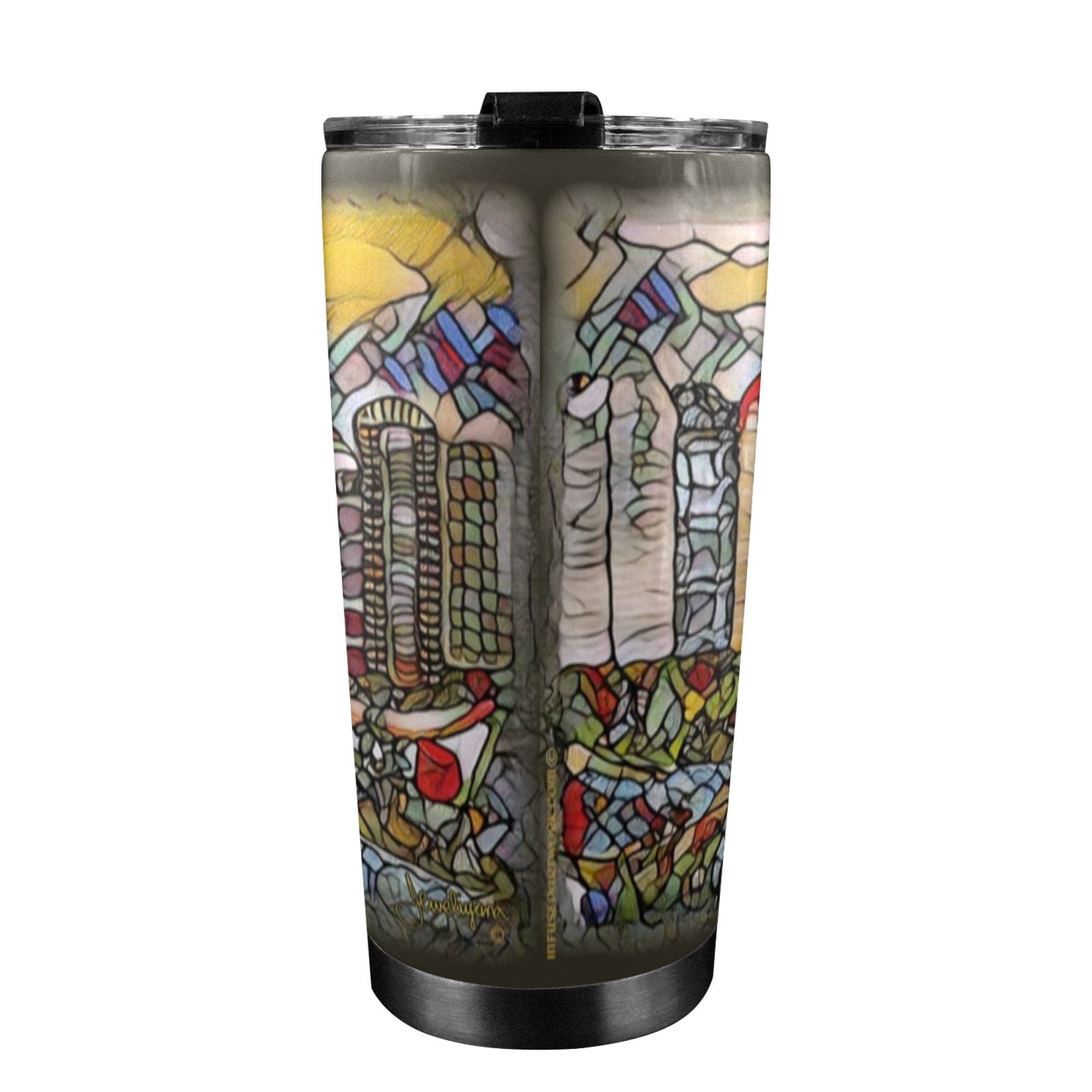 stainless steel insulated travel tumbler with cityscape art on it