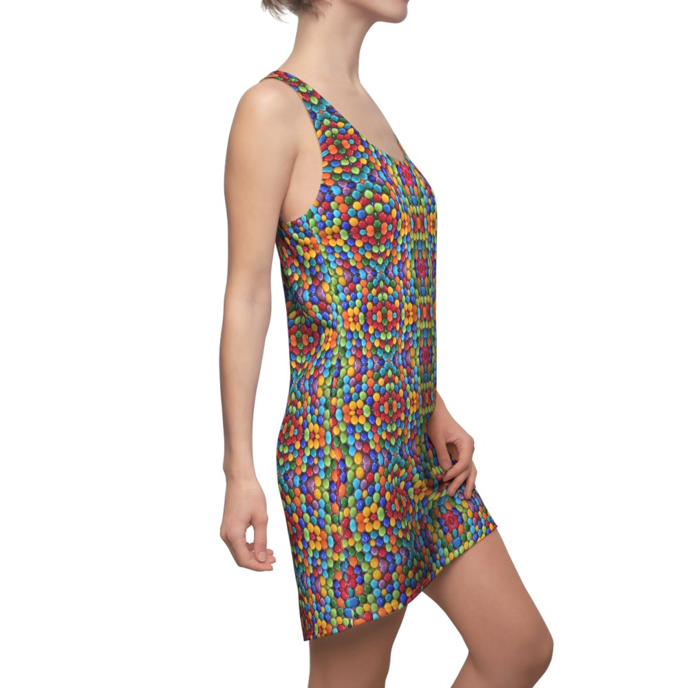racerback style summer dress with a rainbow colored candy print
